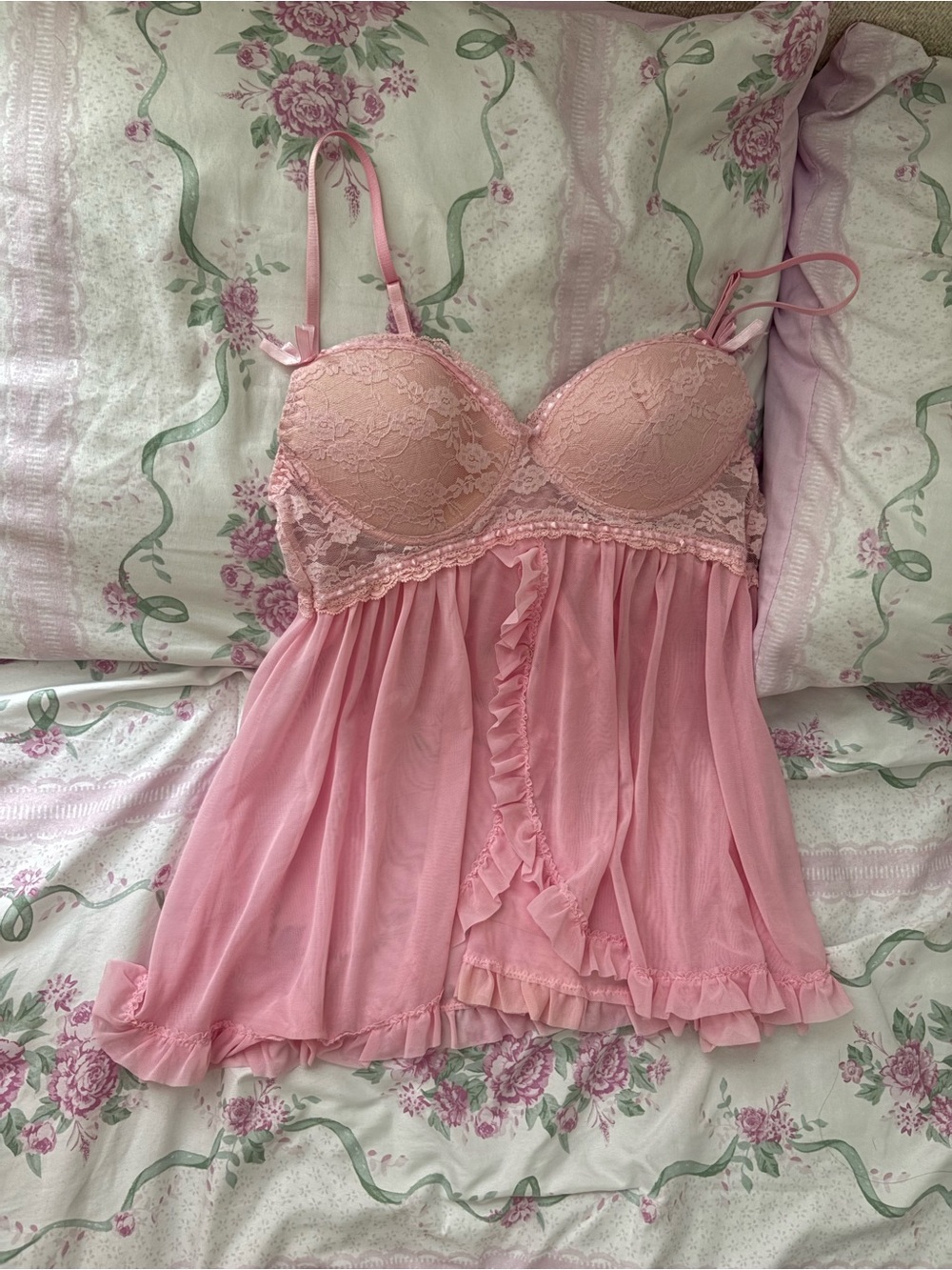 Vintage Sheer Lace Babydoll Chemise - Pink